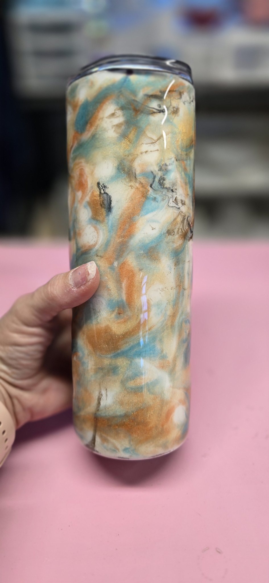 Handmade 20oz Marbled Alcohol Ink Tumbler – Teal, Gold & Cream Epoxy