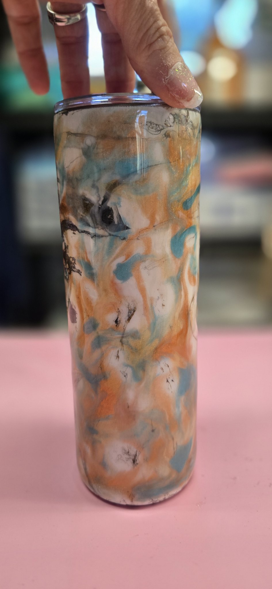 Handmade 20oz Marbled Alcohol Ink Tumbler – Teal, Gold & Cream Epoxy