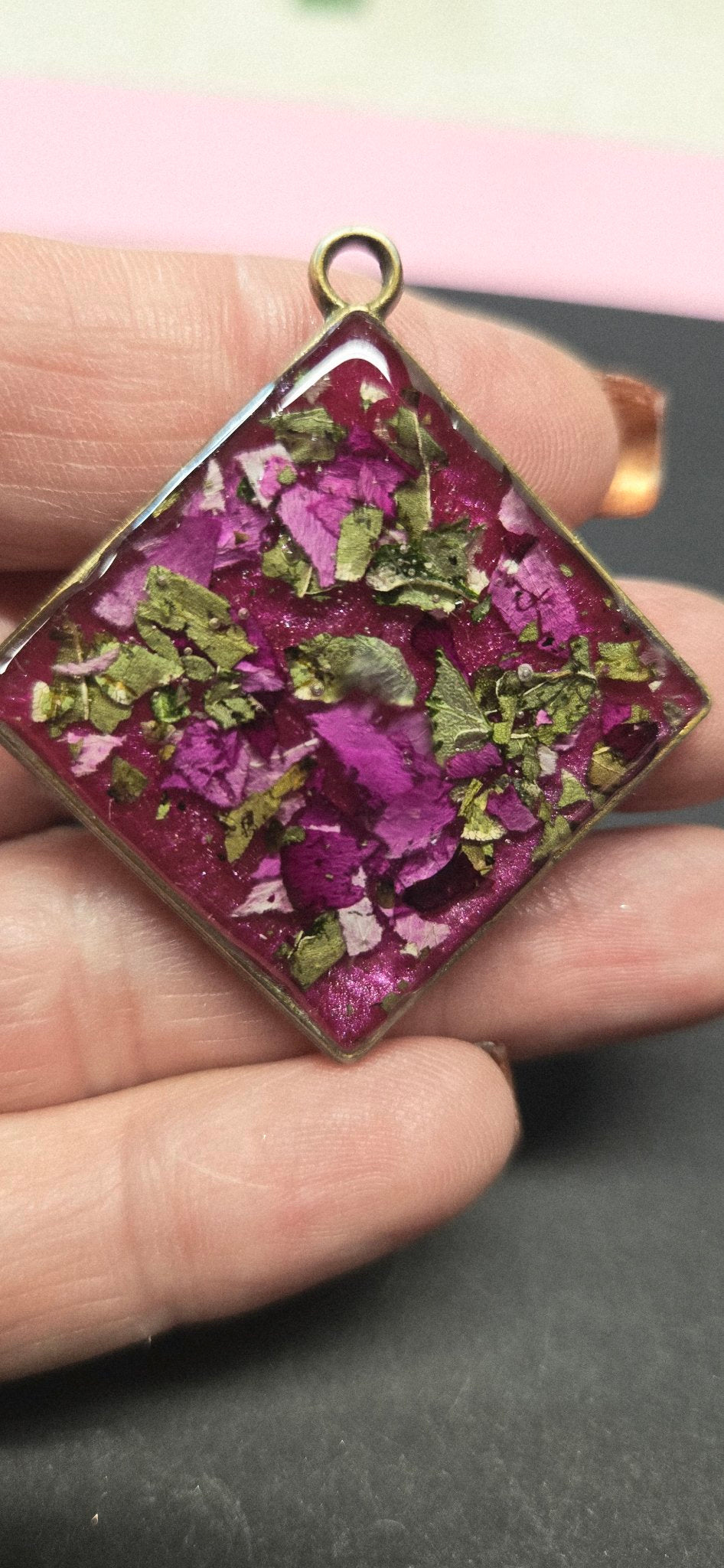 Handmade Rose Petal Resin Pendant - Real Dried Flower Diamond Necklace Botanical Jewelry