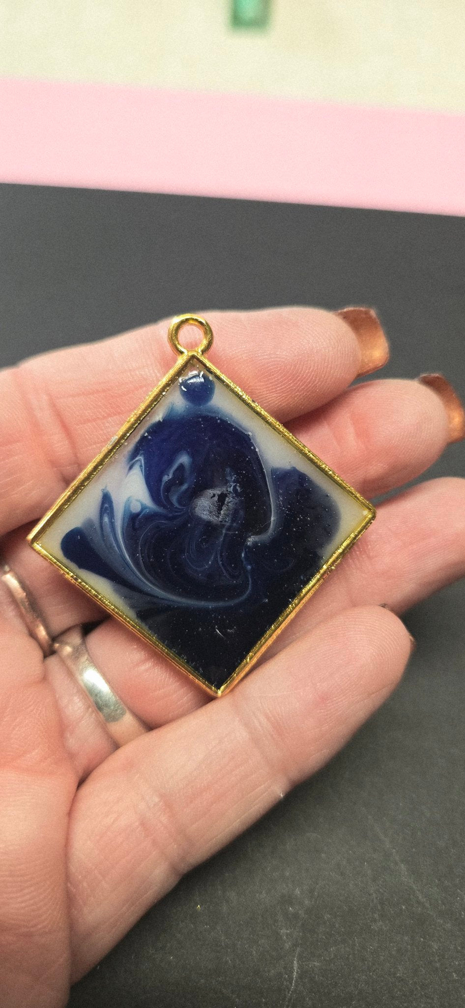 Handmade Ocean Wave Resin Pendant - Blue White Swirl Diamond Necklace Beach Jewelry