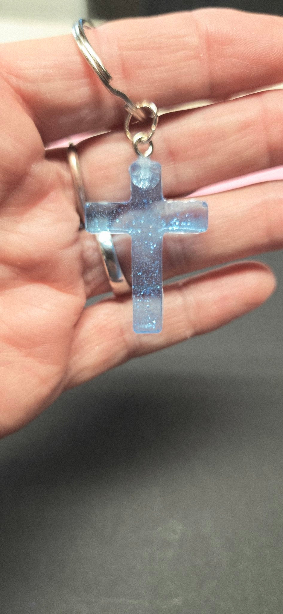 Handmade Blue Glitter Cross Keychain - Sparkly Resin Christian Gift Key Ring