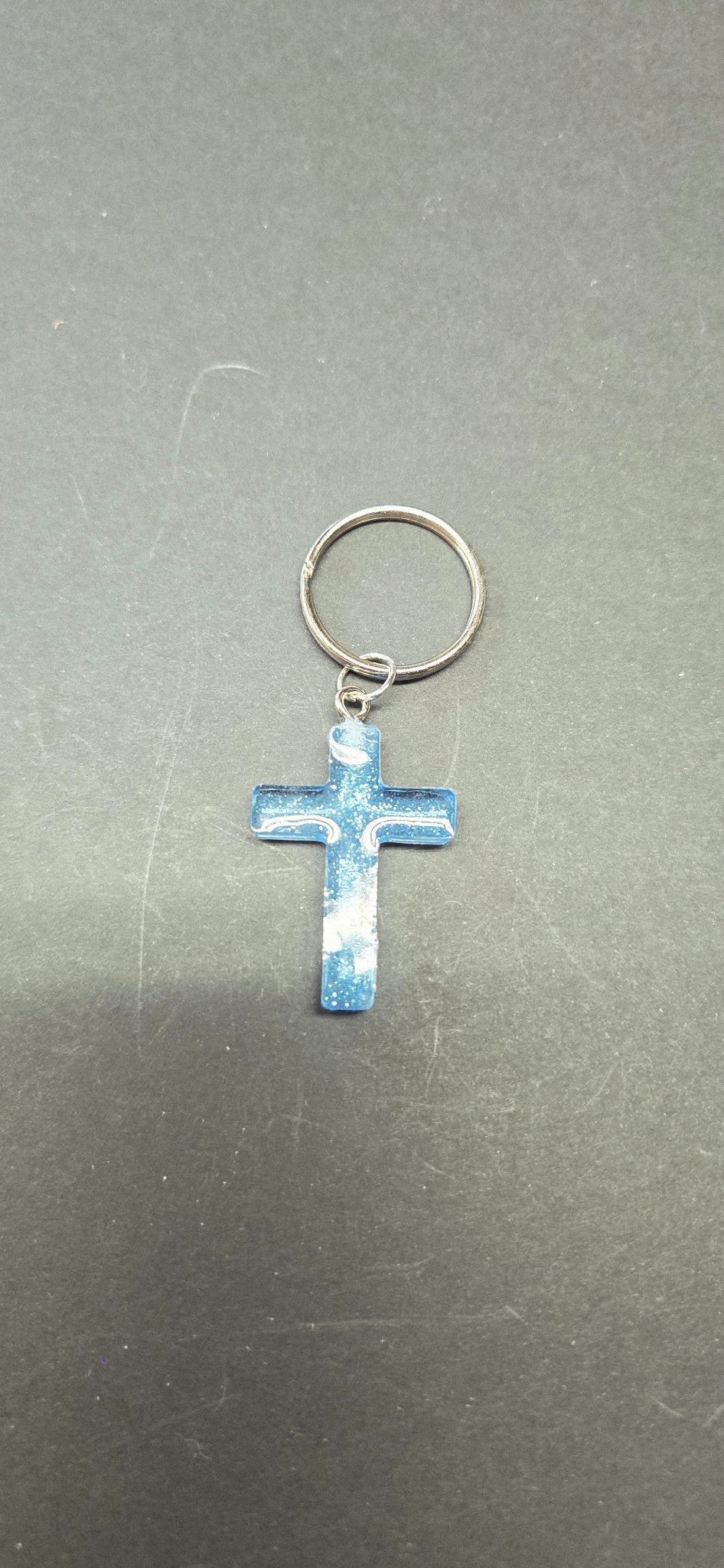 Handmade Blue Glitter Cross Keychain - Sparkly Resin Christian Gift Key Ring