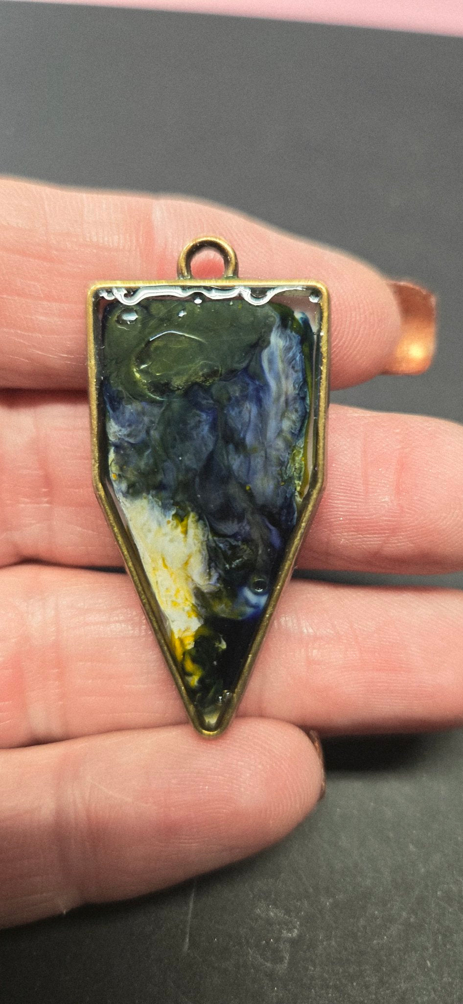Handmade Blue Green Swirl Triangle Pendant - Abstract Resin Necklace Arrowhead Jewelry