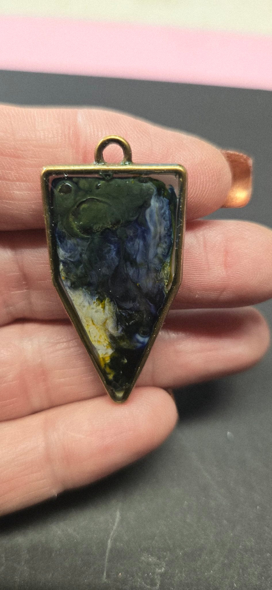 Handmade Blue Green Swirl Triangle Pendant - Abstract Resin Necklace Arrowhead Jewelry
