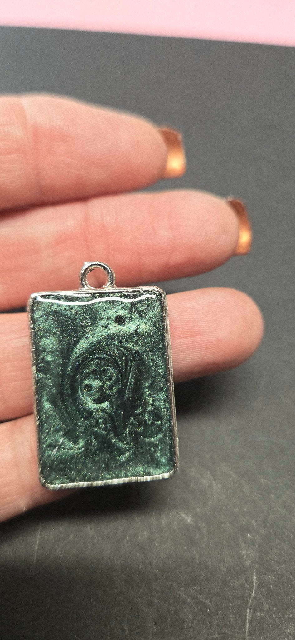 Handmade Emerald Green Swirl Pendant - Rectangle Resin Necklace Galaxy Jewelry