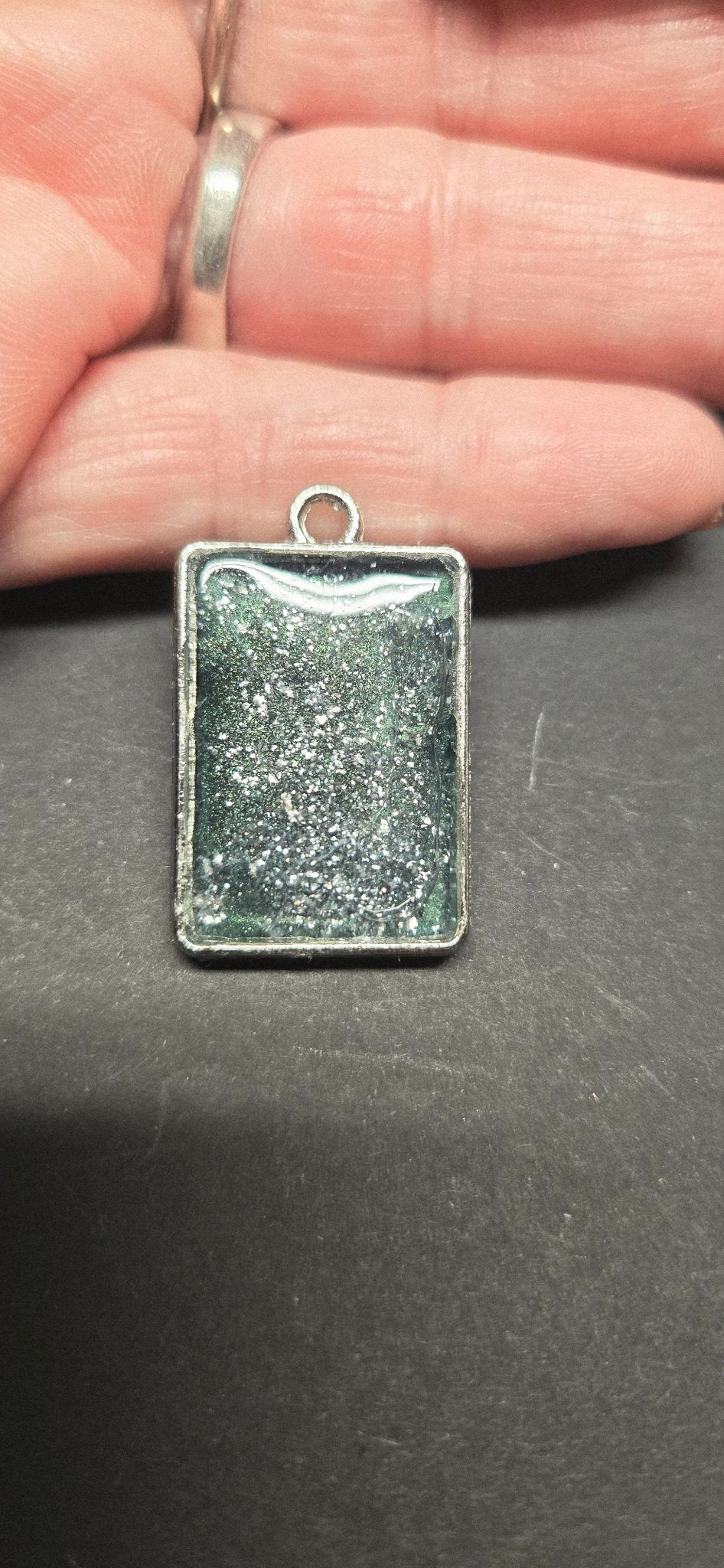 Handmade Emerald Green Swirl Pendant - Rectangle Resin Necklace Galaxy Jewelry
