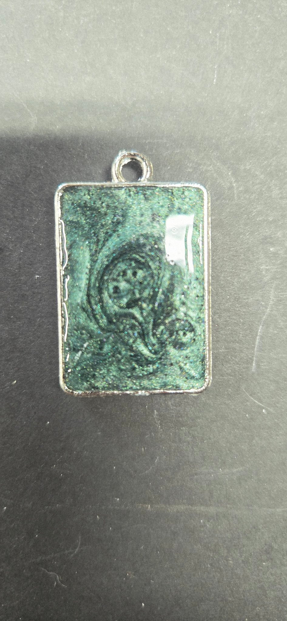 Handmade Emerald Green Swirl Pendant - Rectangle Resin Necklace Galaxy Jewelry