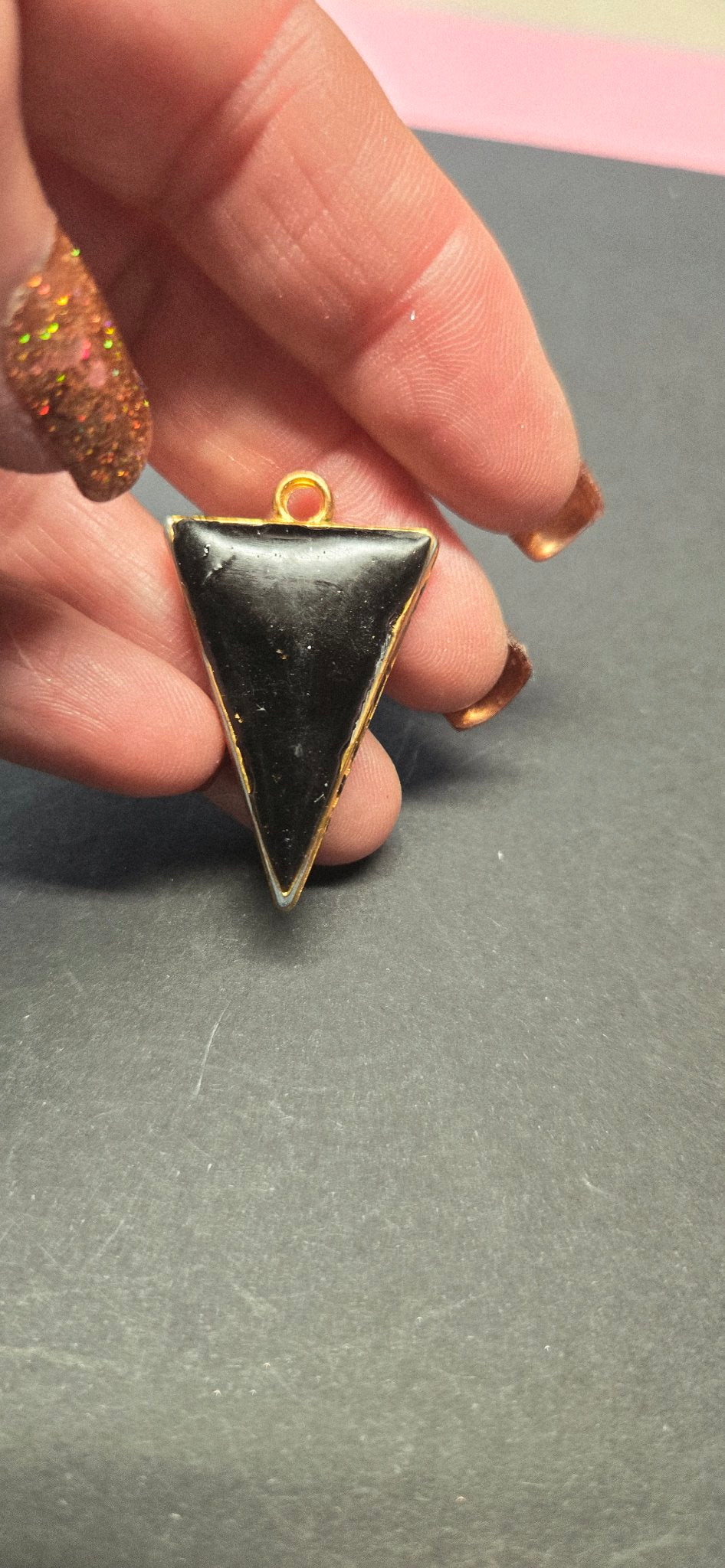 Handmade Black Gold Triangle Pendant - Gold Flake Resin Necklace Gothic Statement Jewelry