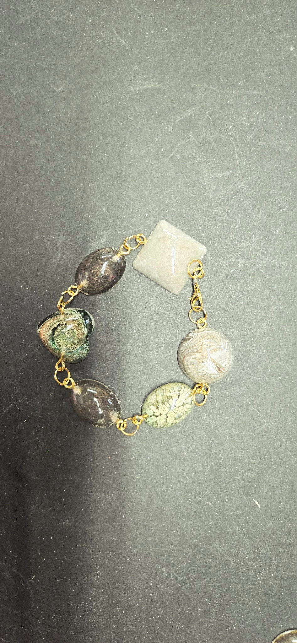 Handmade Resin Link Bracelet - Green Gray Bead Bracelet 8 Inch Gold Clasp Boho Jewelry