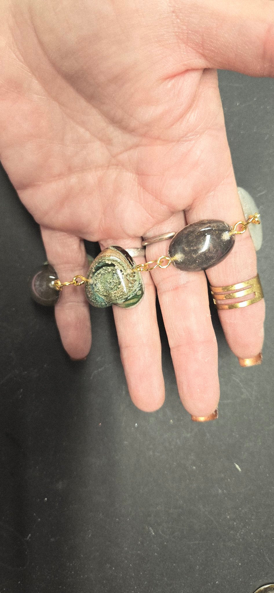 Handmade Resin Link Bracelet - Green Gray Bead Bracelet 8 Inch Gold Clasp Boho Jewelry