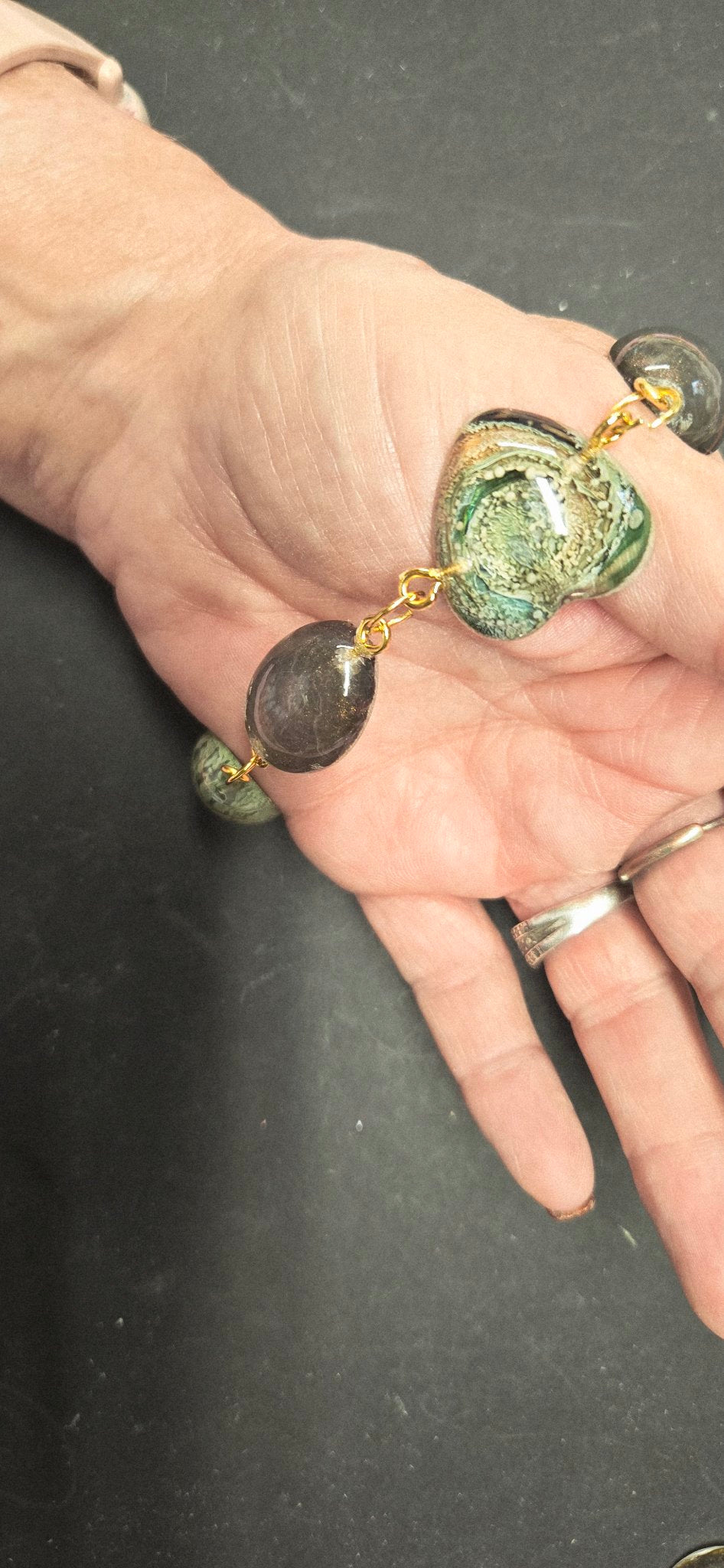 Handmade Resin Link Bracelet - Green Gray Bead Bracelet 8 Inch Gold Clasp Boho Jewelry