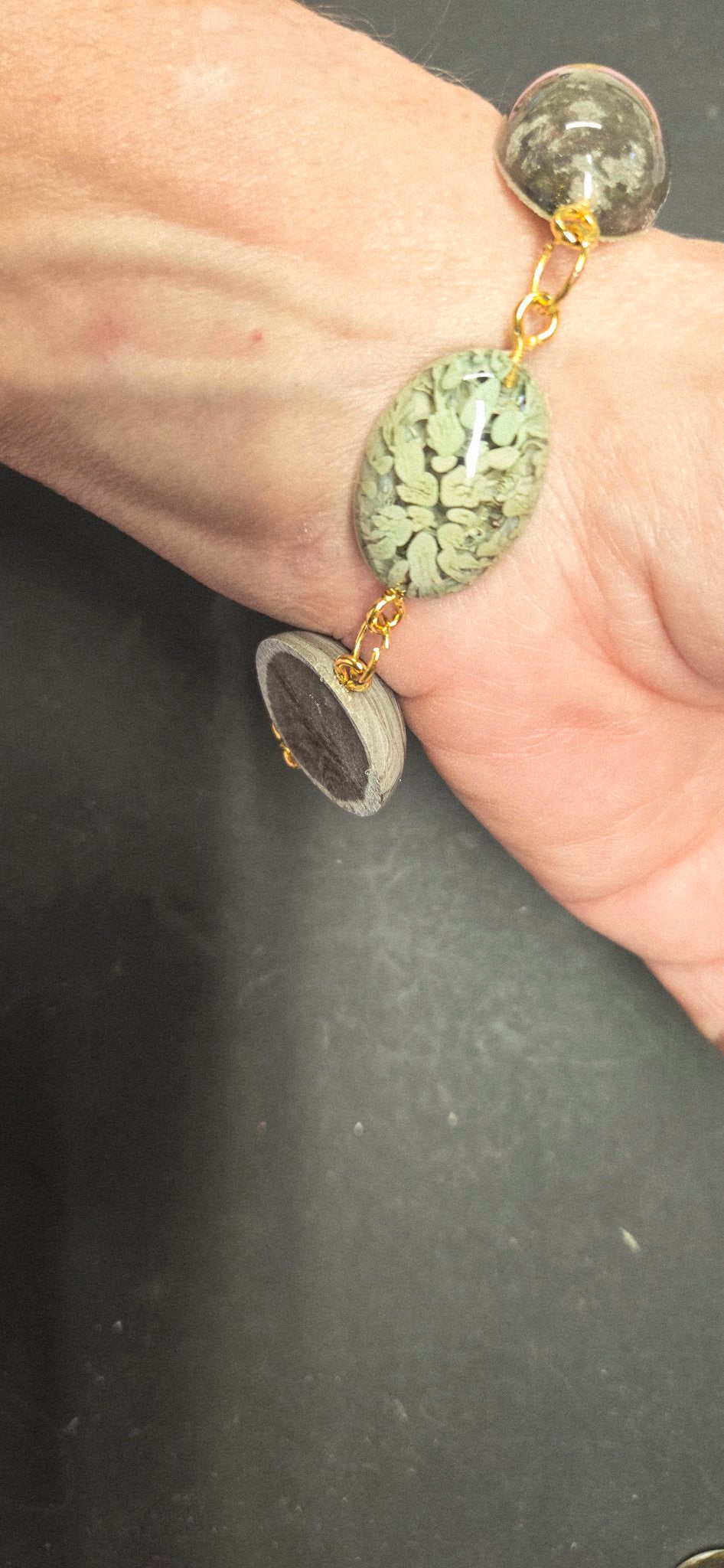 Handmade Resin Link Bracelet - Green Gray Bead Bracelet 8 Inch Gold Clasp Boho Jewelry