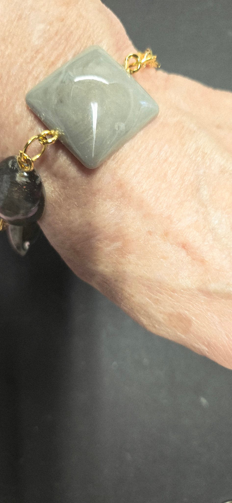 Handmade Resin Link Bracelet - Green Gray Bead Bracelet 8 Inch Gold Clasp Boho Jewelry