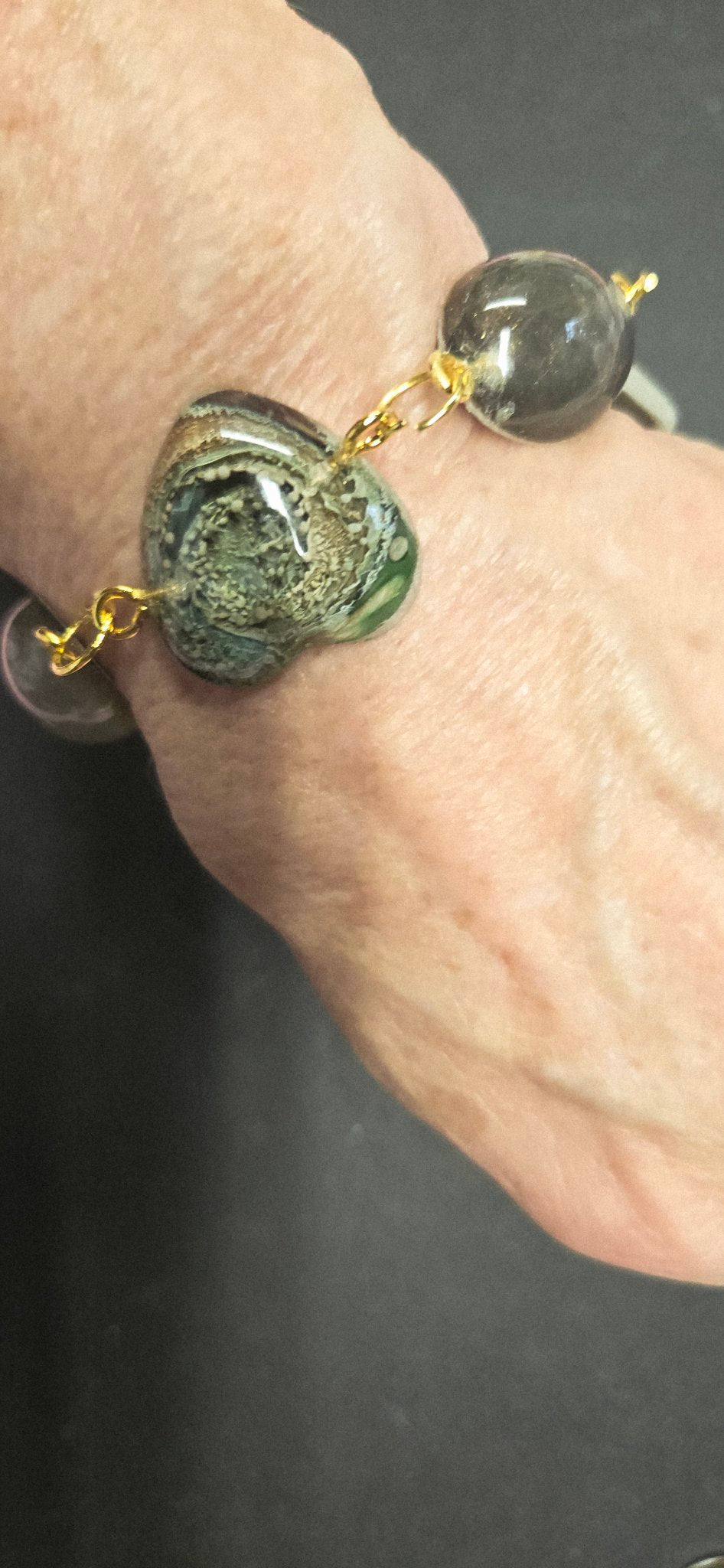 Handmade Resin Link Bracelet - Green Gray Bead Bracelet 8 Inch Gold Clasp Boho Jewelry