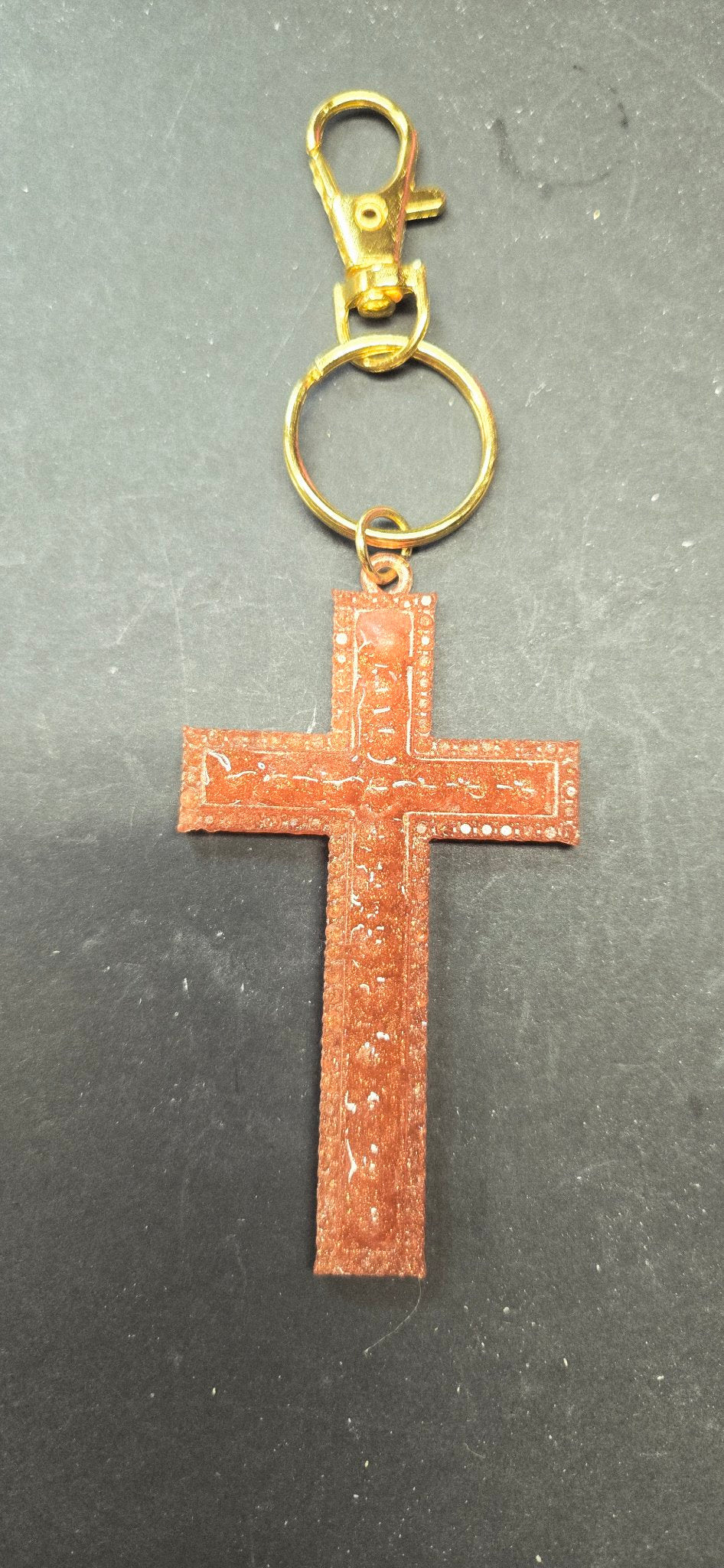 Handmade Copper Glitter Cross Keychain - Resin Christian Gift Faith Key Ring