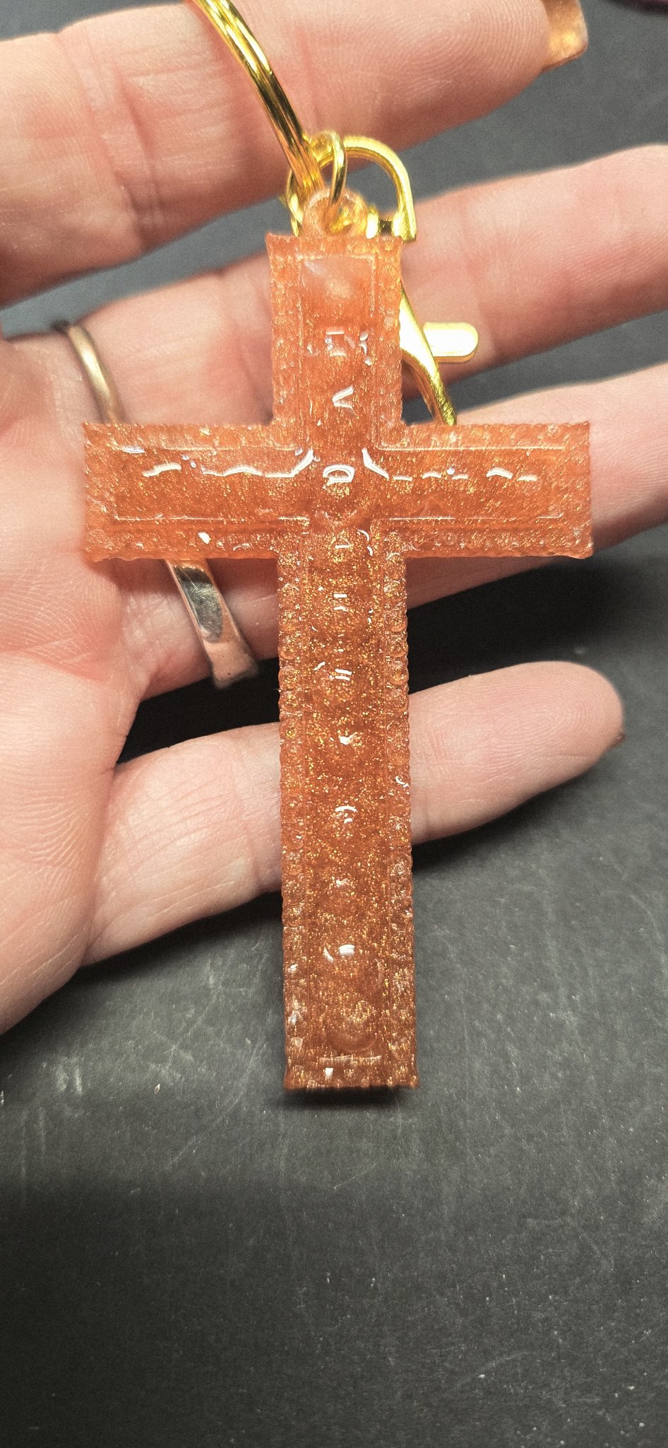 Handmade Copper Glitter Cross Keychain - Resin Christian Gift Faith Key Ring