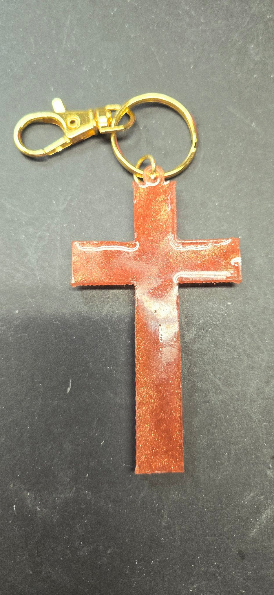 Handmade Copper Glitter Cross Keychain - Resin Christian Gift Faith Key Ring