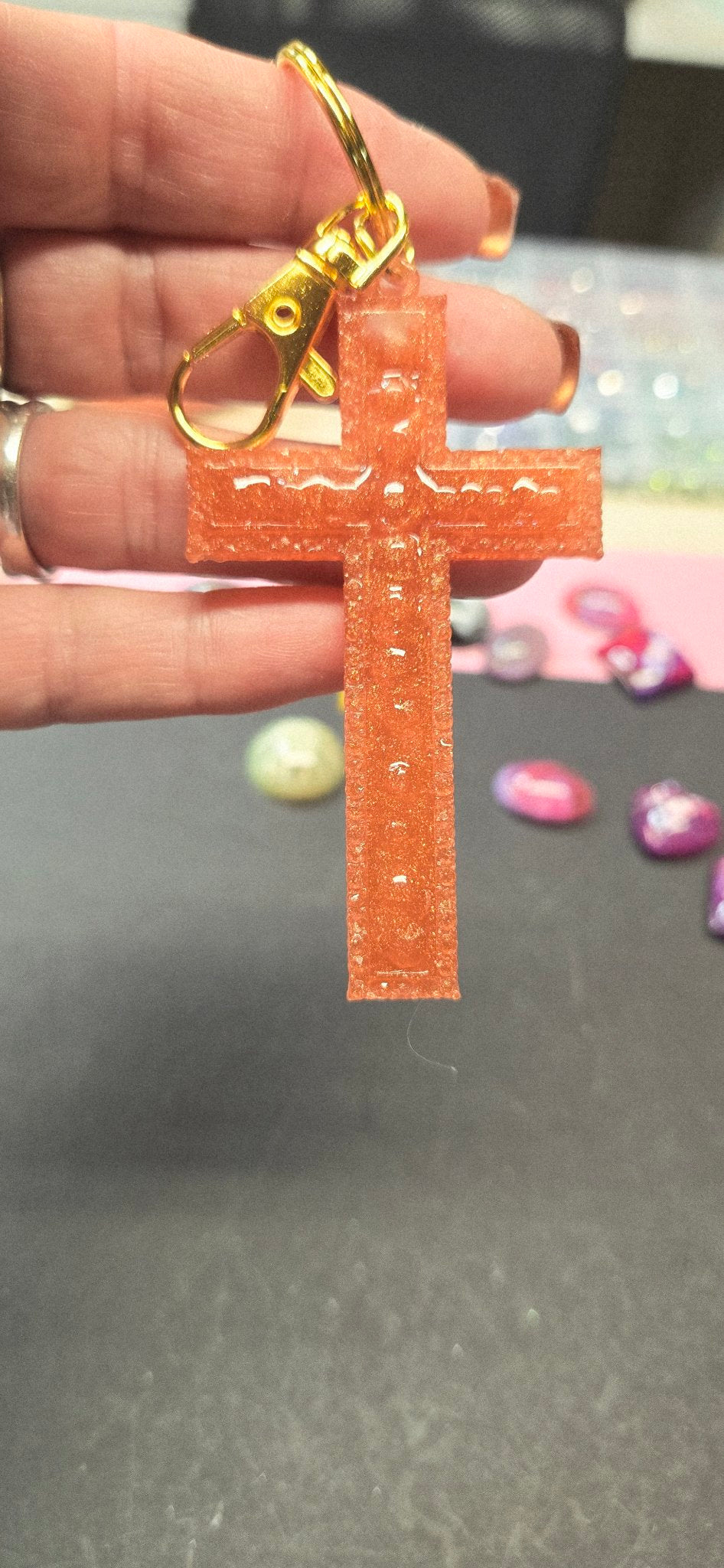 Handmade Copper Glitter Cross Keychain - Resin Christian Gift Faith Key Ring