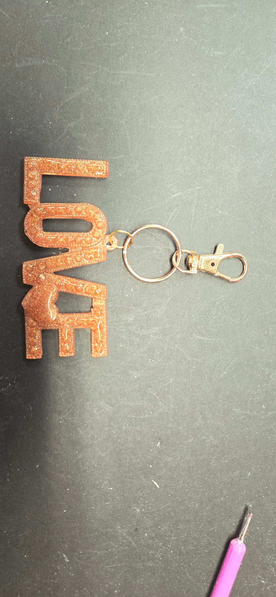 Handmade Copper Glitter LOVE Keychain - Resin Word Key Ring Gift for Her