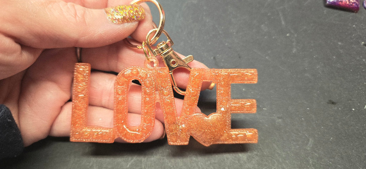 Handmade Copper Glitter LOVE Keychain - Resin Word Key Ring Gift for Her