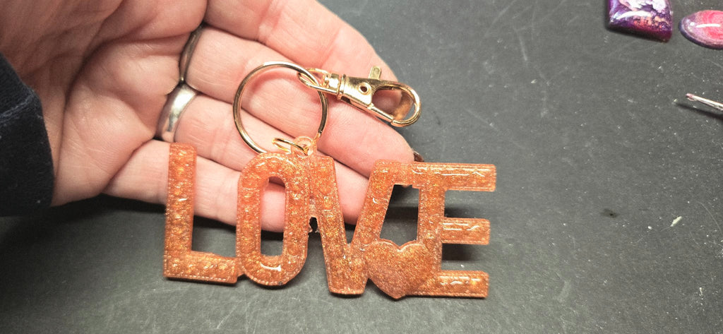 Handmade Copper Glitter LOVE Keychain - Resin Word Key Ring Gift for Her