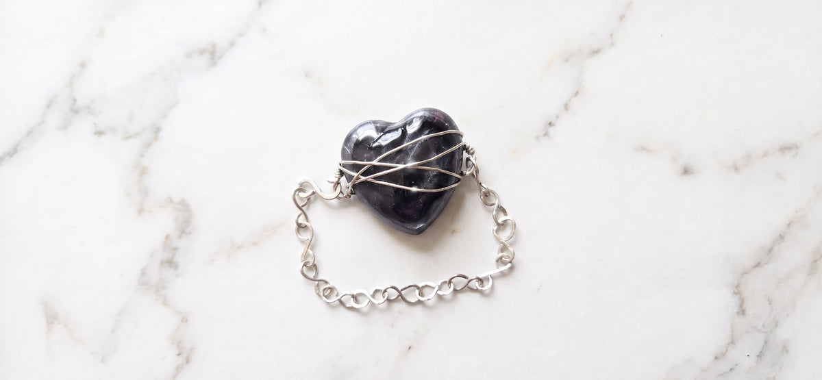 Handmade Wire Wrapped Heart Bracelet - Black Resin Heart Silver Chain Gothic Jewelry
