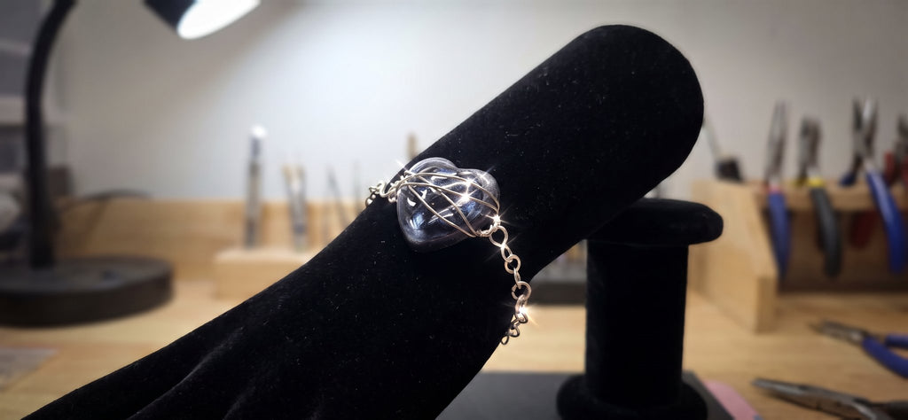 Handmade Wire Wrapped Heart Bracelet - Black Resin Heart Silver Chain Gothic Jewelry