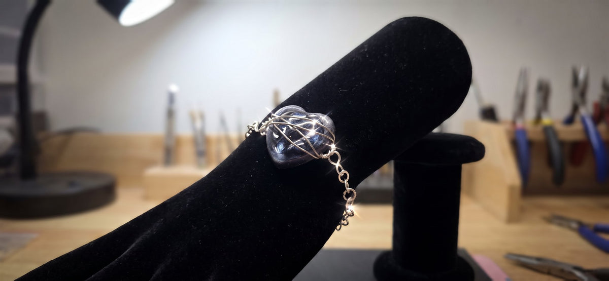 Handmade Wire Wrapped Heart Bracelet - Black Resin Heart Silver Chain Gothic Jewelry