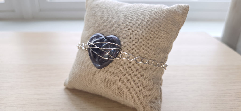 Handmade Wire Wrapped Heart Bracelet - Black Resin Heart Silver Chain Gothic Jewelry
