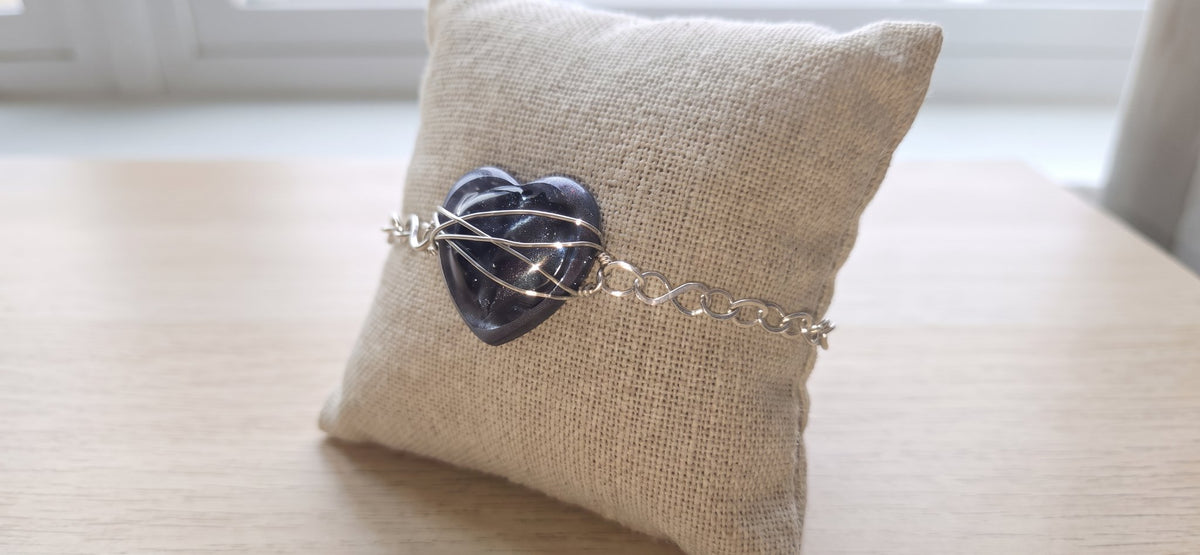 Handmade Wire Wrapped Heart Bracelet - Black Resin Heart Silver Chain Gothic Jewelry