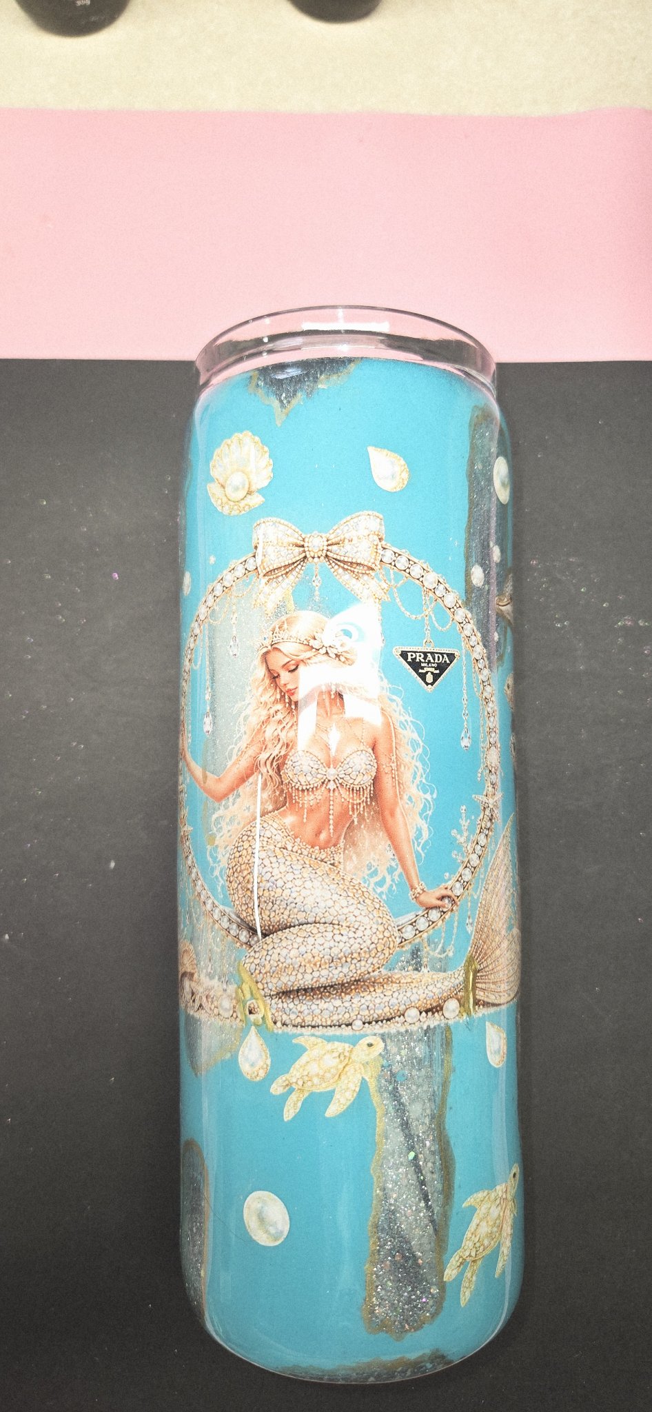 Handmade 20oz Skinny Tumbler – Sea Side Mermaid, Teal & Gold Glitter