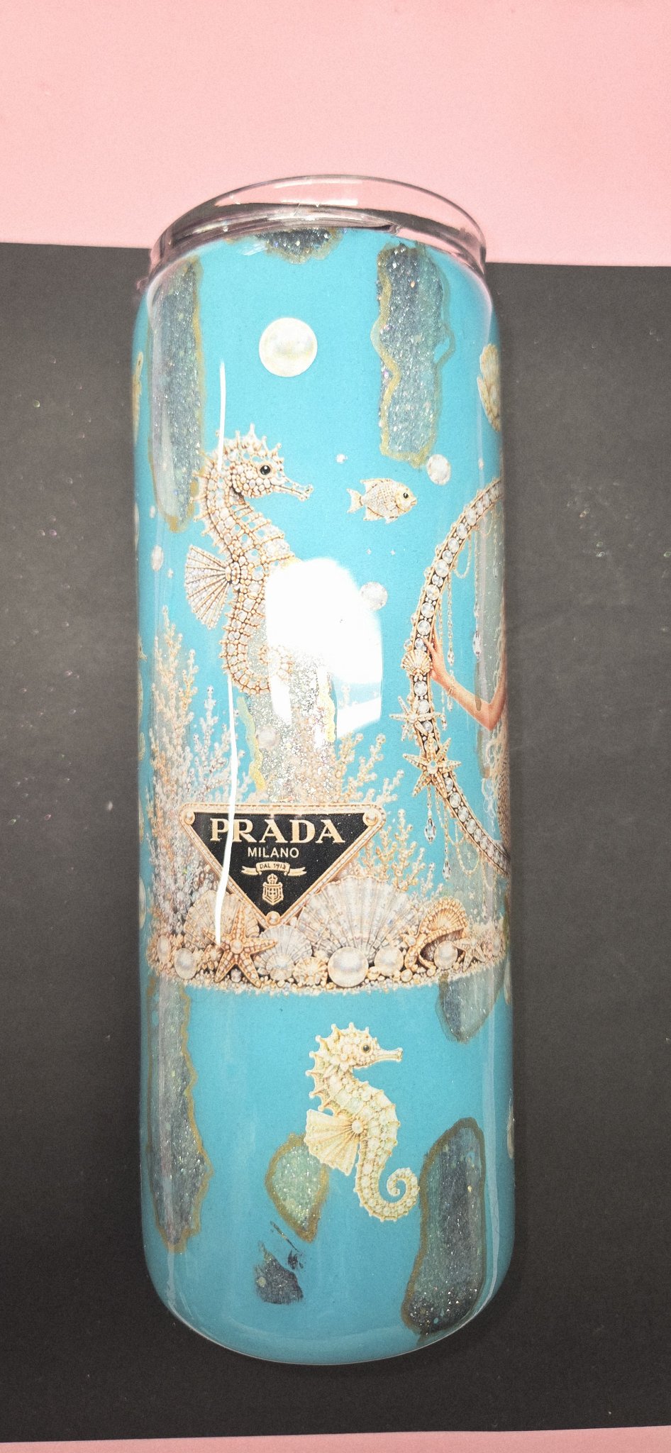 Handmade 20oz Skinny Tumbler – Sea Side Mermaid, Teal & Gold Glitter