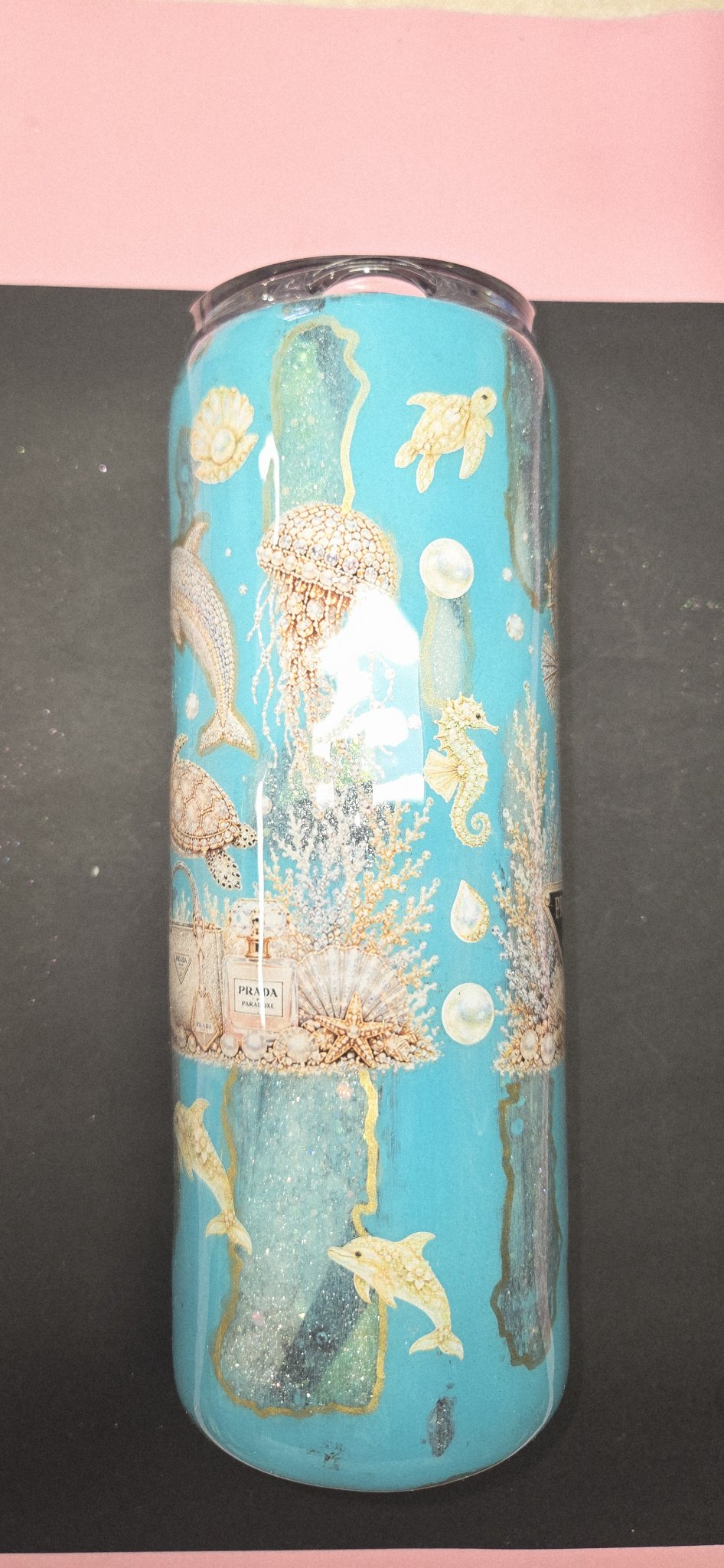 Handmade 20oz Skinny Tumbler – Sea Side Mermaid, Teal & Gold Glitter