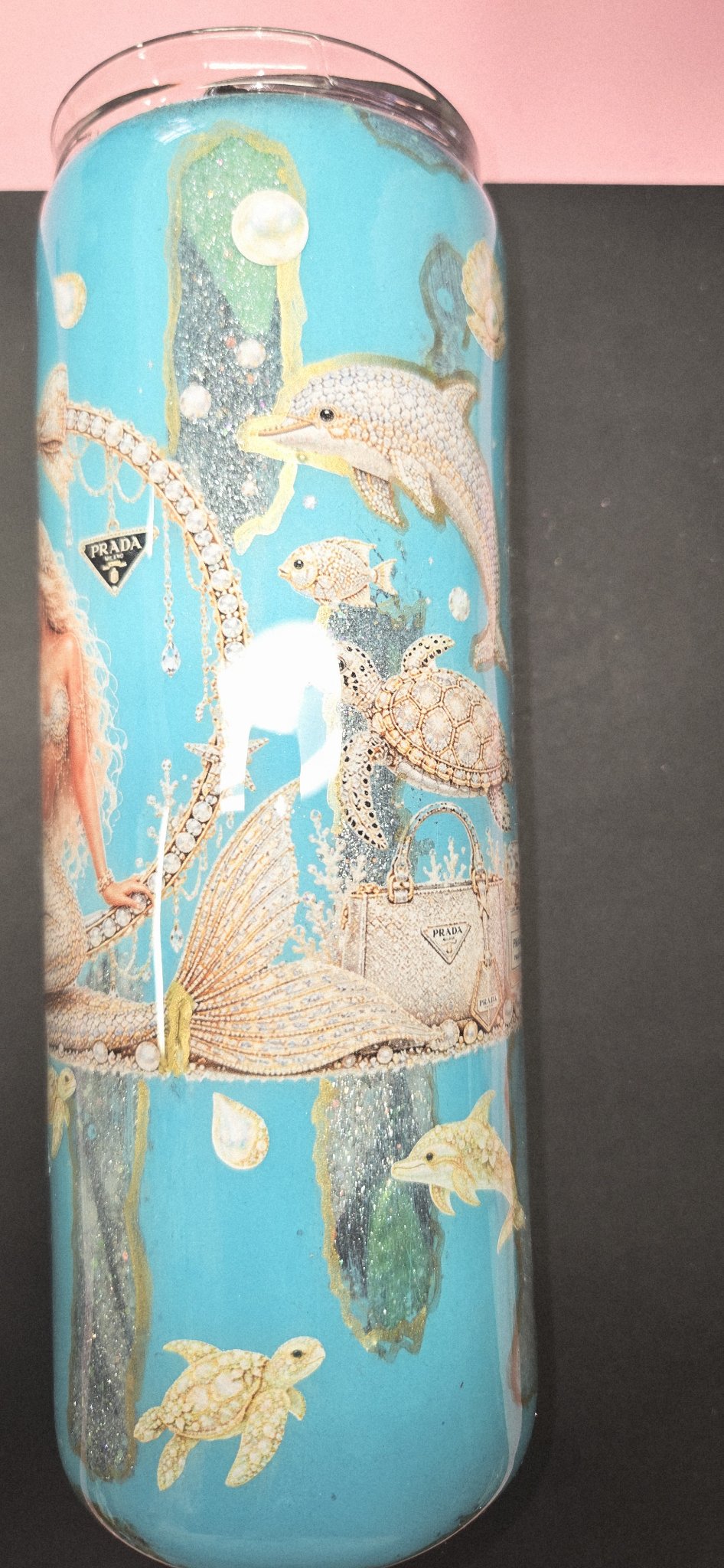 Handmade 20oz Skinny Tumbler – Sea Side Mermaid, Teal & Gold Glitter