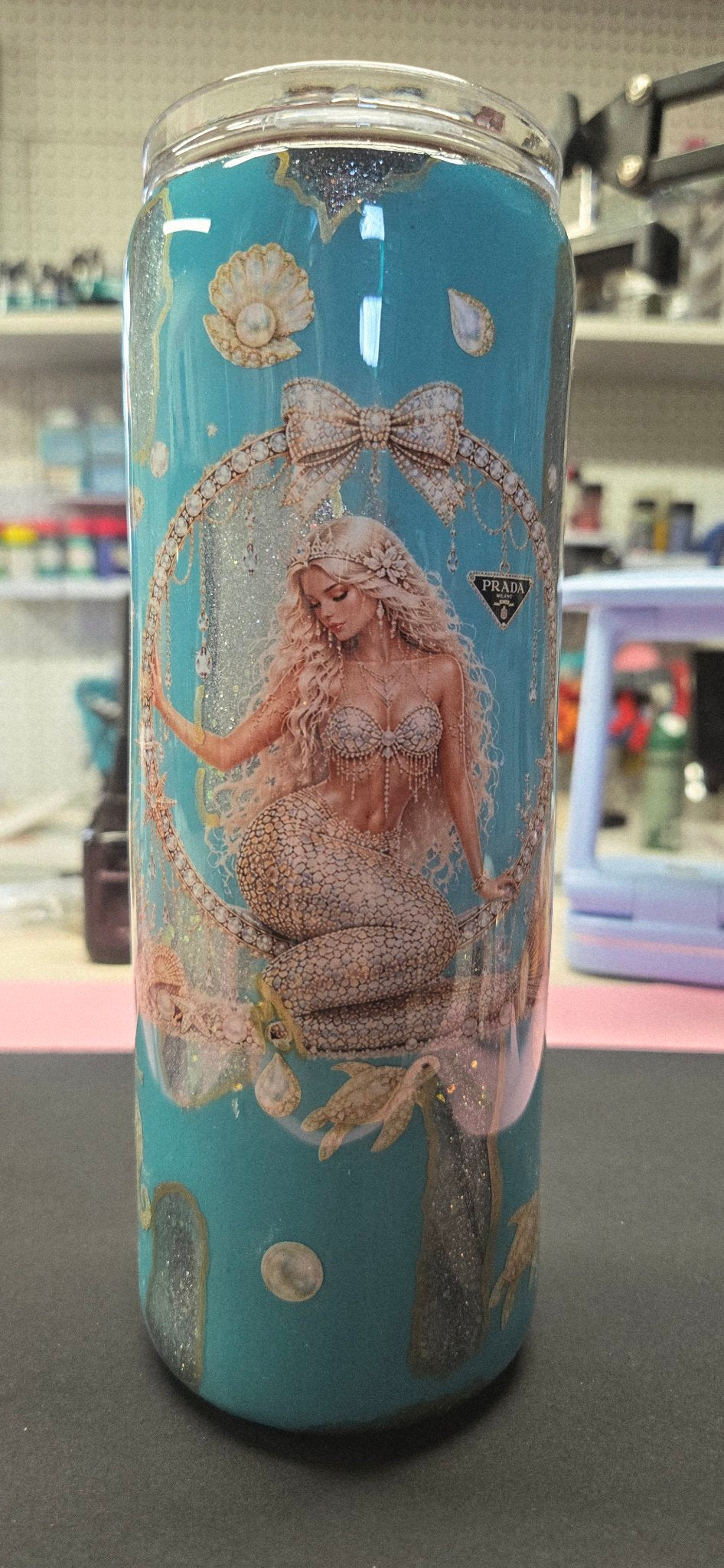 Handmade 20oz Skinny Tumbler – Sea Side Mermaid, Teal & Gold Glitter