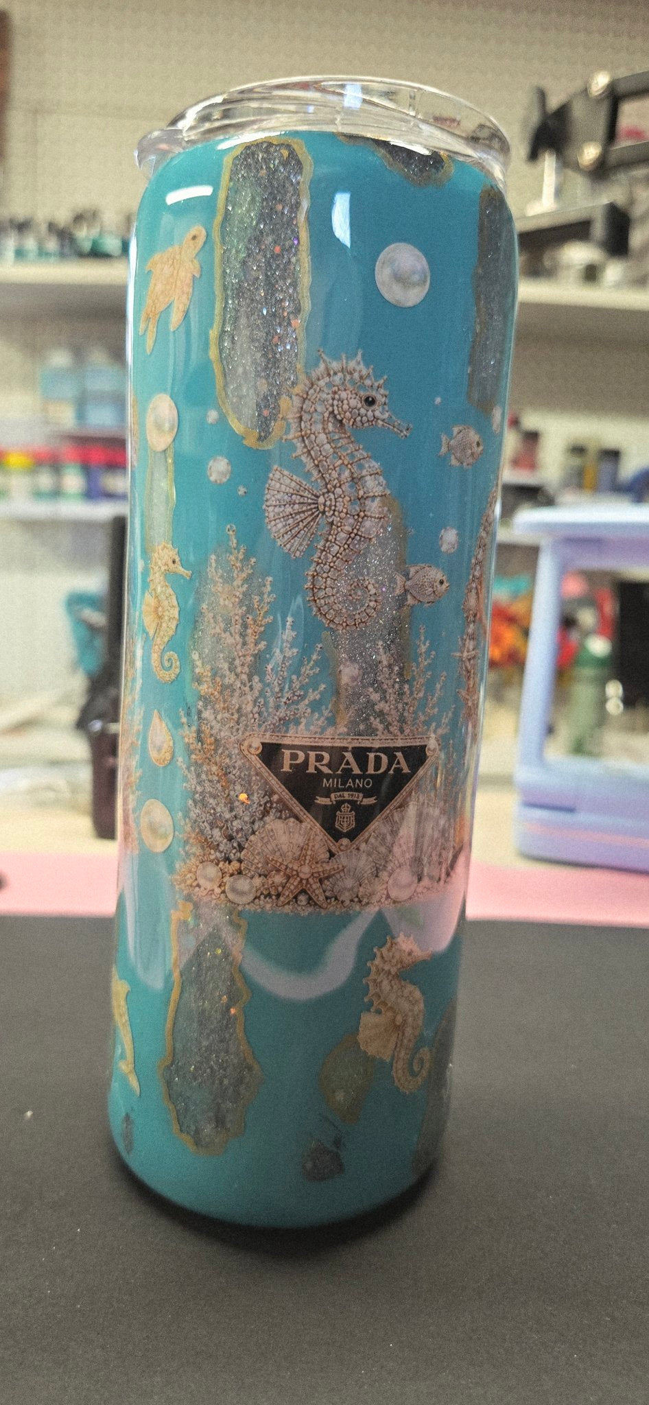 Handmade 20oz Skinny Tumbler – Sea Side Mermaid, Teal & Gold Glitter