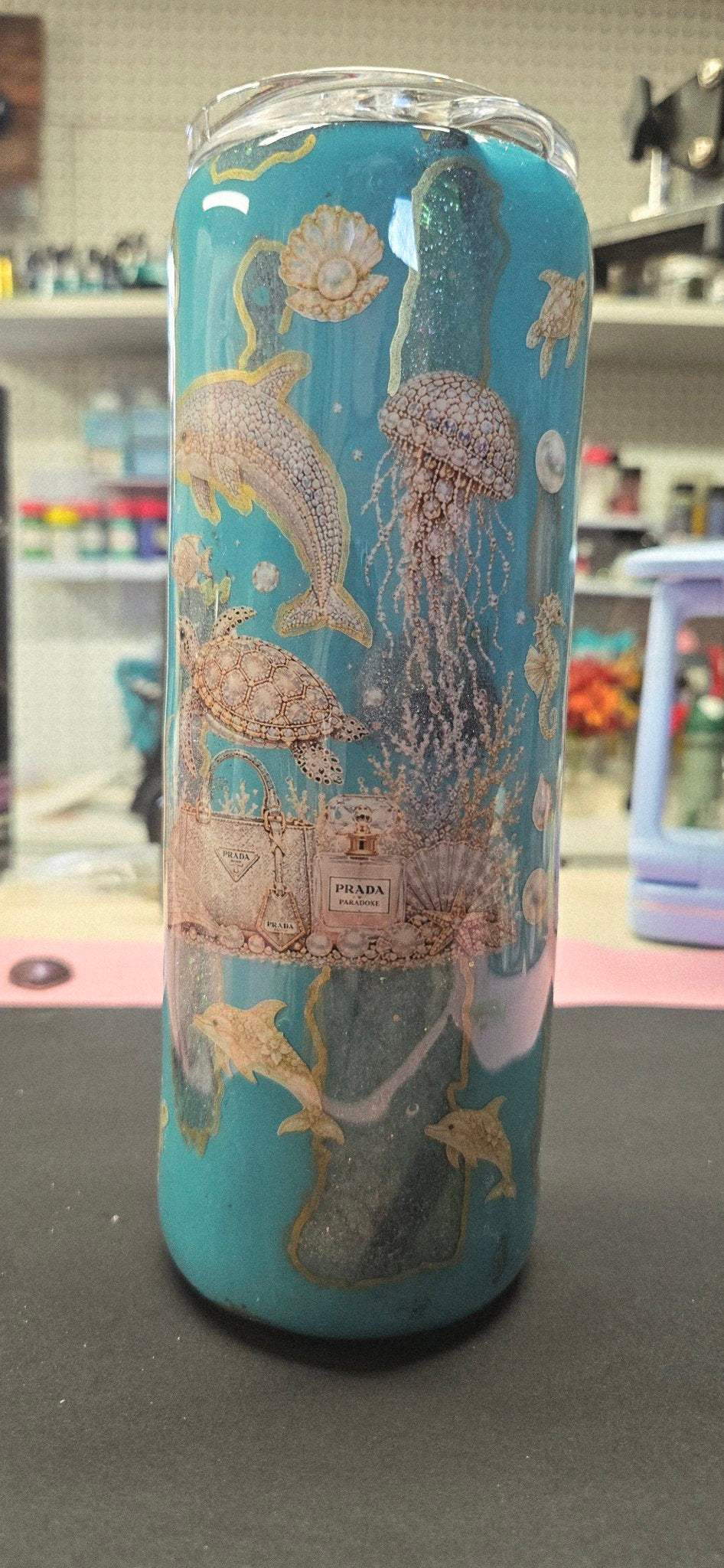 Handmade 20oz Skinny Tumbler – Sea Side Mermaid, Teal & Gold Glitter