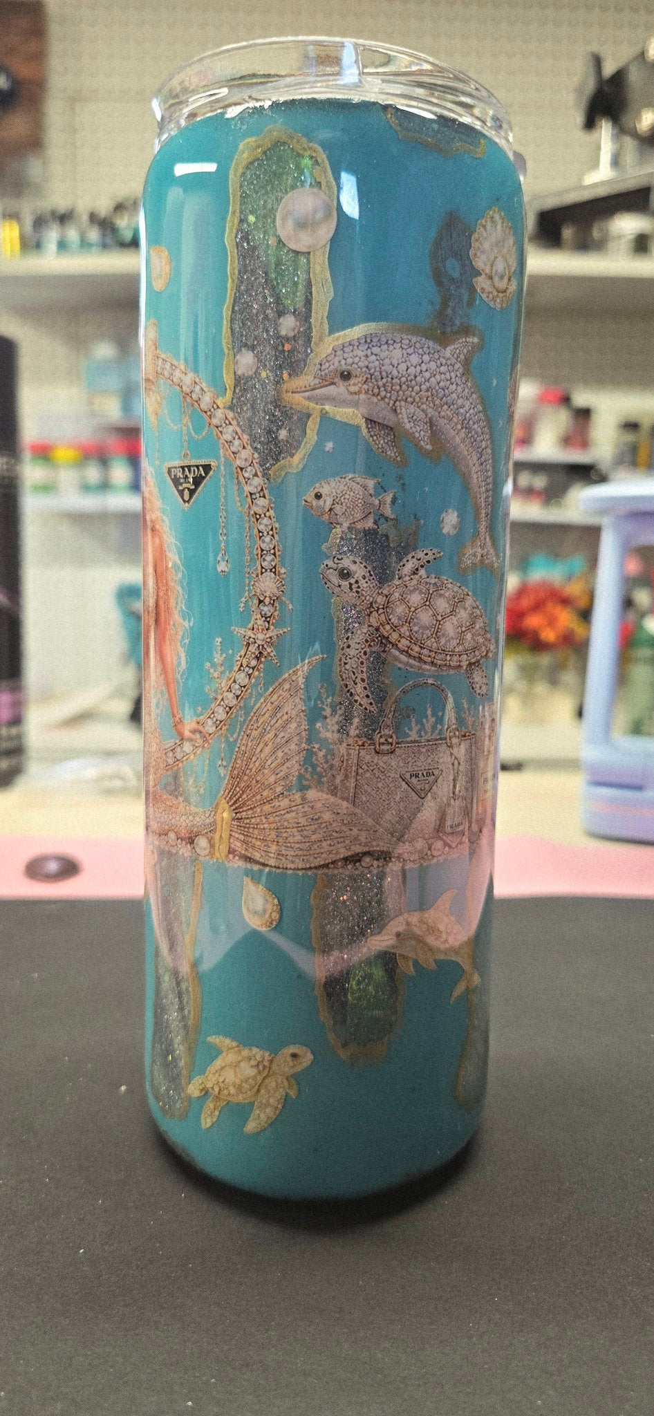 Handmade 20oz Skinny Tumbler – Sea Side Mermaid, Teal & Gold Glitter