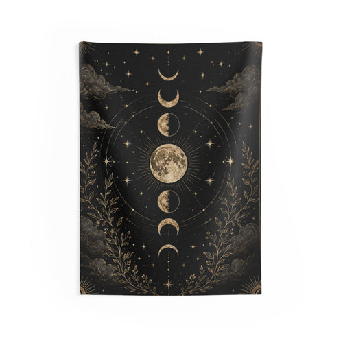 Celestial Moon Phases Indoor Wall Tapestry | Lunar Night Sky
