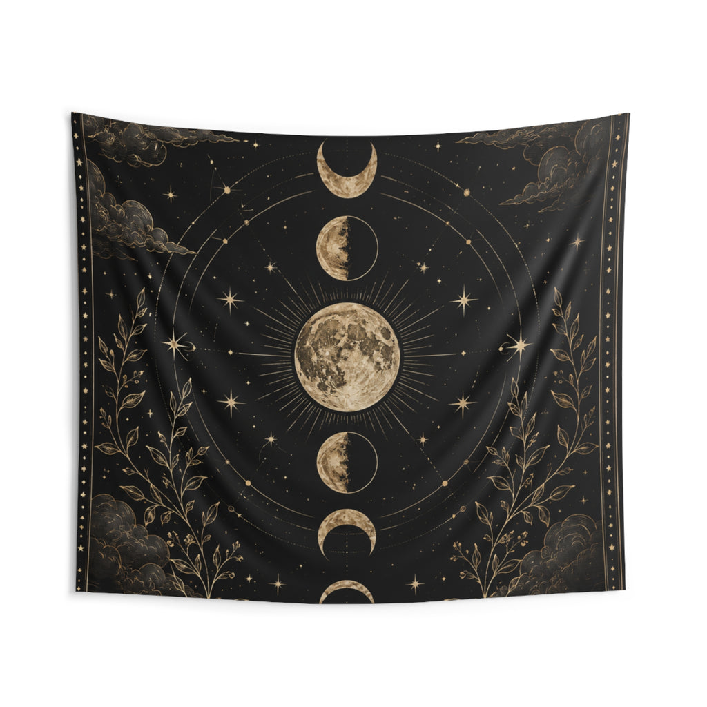 Celestial Moon Phases Indoor Wall Tapestry | Lunar Night Sky