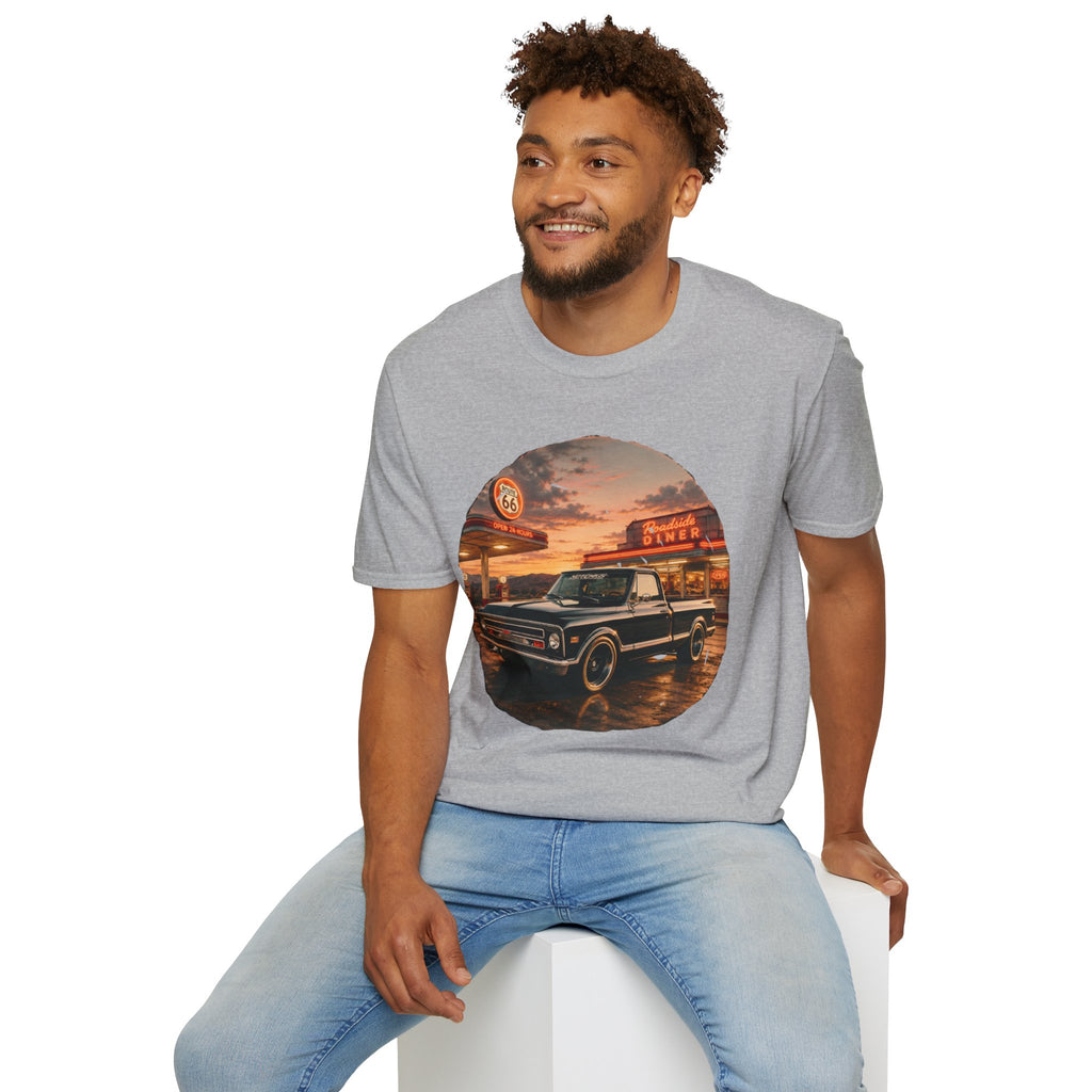 Vintage Chevy Pickup Sunset Circle T-Shirt | Retro Truck Diner Design