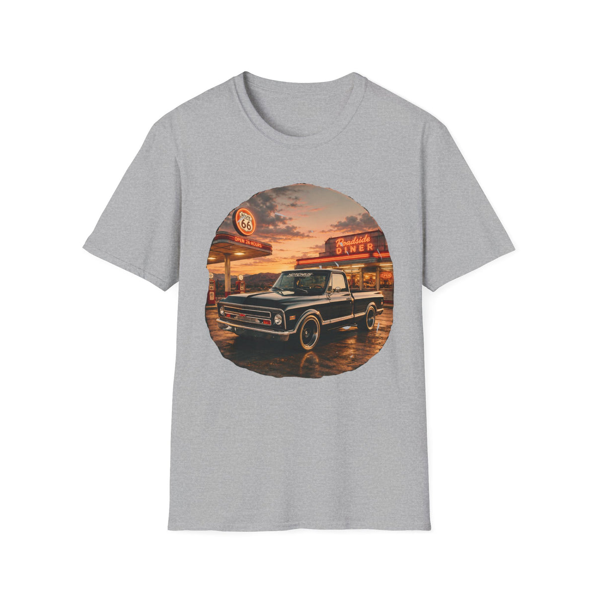 Vintage Chevy Pickup Sunset Circle T-Shirt | Retro Truck Diner Design