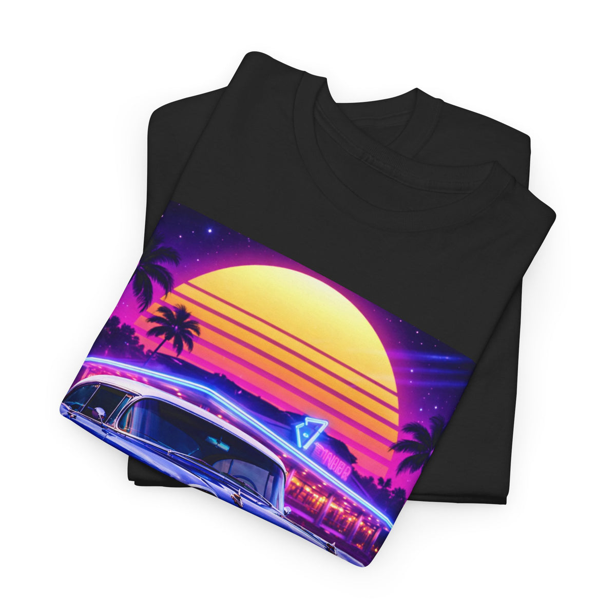 Retro Neon Sunset Car Print, Vintage 1957 Classic Car Wall Art, Synthwave Aesthetic Poster, 80s Vaporwave Decor, Retro Diner Palm Tree Art
