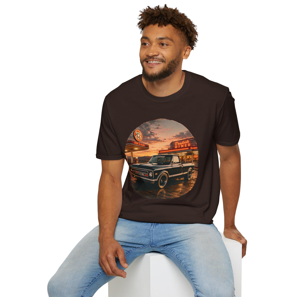 Vintage Chevy Pickup Sunset Circle T-Shirt | Retro Truck Diner Design