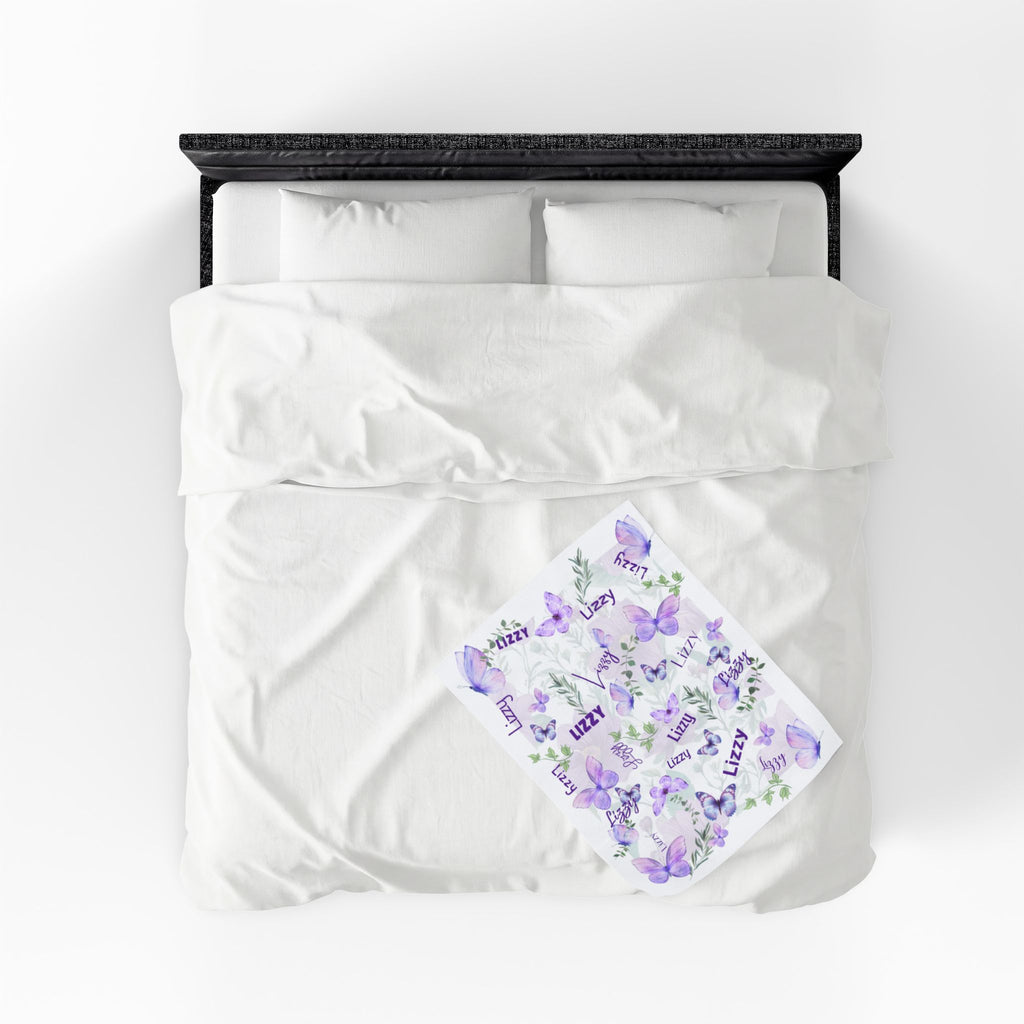 Velveteen Plush Blanket - Baby Blanket with Purple Butterflies and Lush Greenery, Soft Blanket for Nursery, Kids Bedroom Decor, Newborn