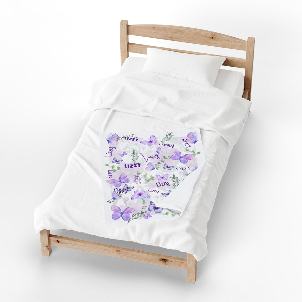 Velveteen Plush Blanket - Baby Blanket with Purple Butterflies and Lush Greenery, Soft Blanket for Nursery, Kids Bedroom Decor, Newborn