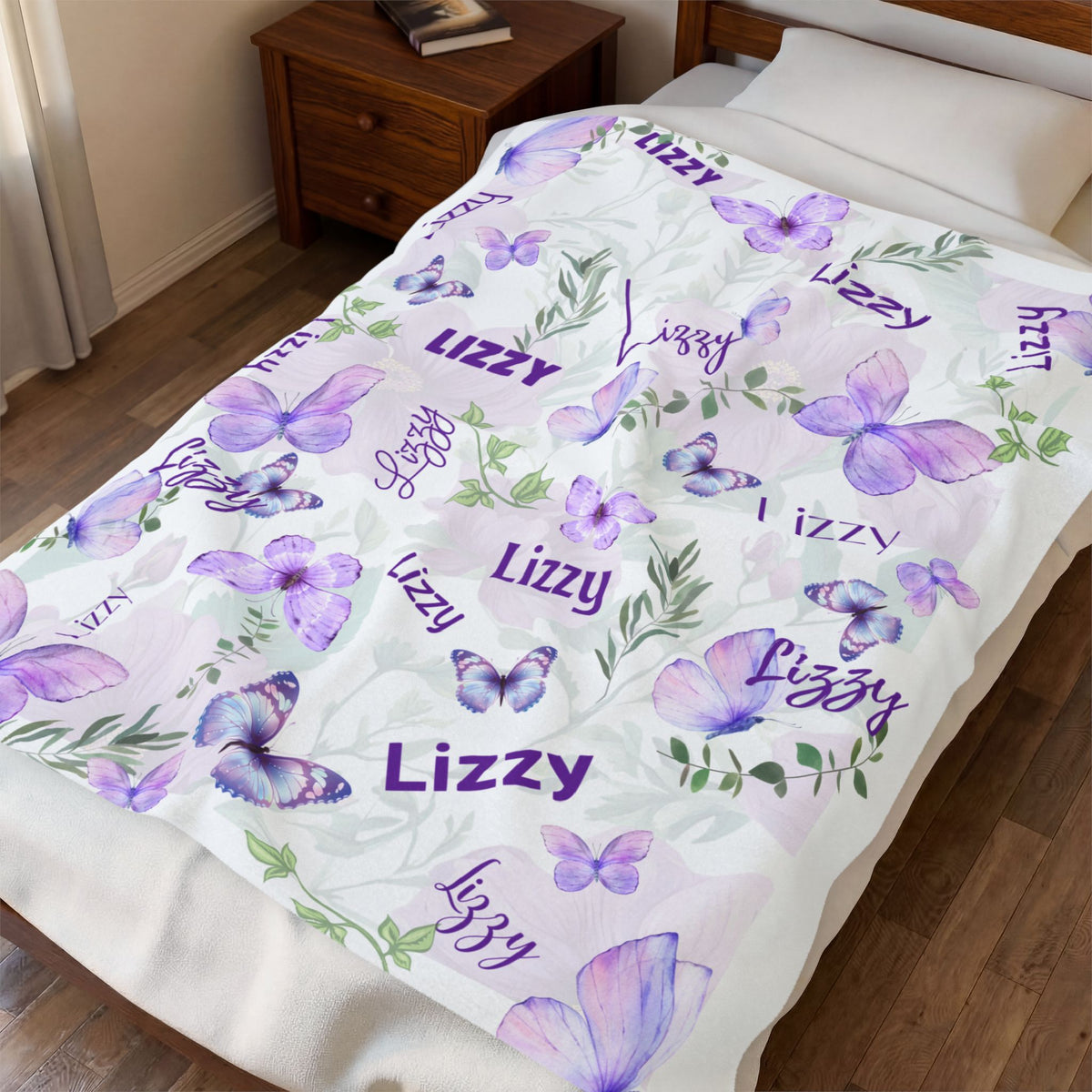 Velveteen Plush Blanket - Baby Blanket with Purple Butterflies and Lush Greenery, Soft Blanket for Nursery, Kids Bedroom Decor, Newborn
