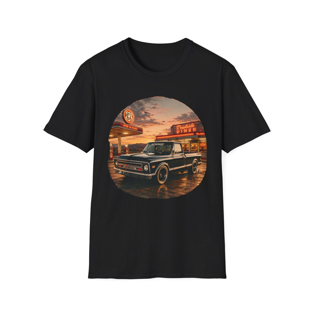 Vintage Chevy Pickup Sunset Circle T-Shirt | Retro Truck Diner Design
