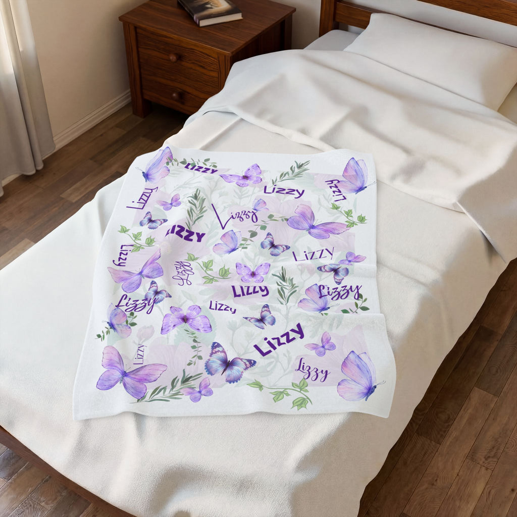 Velveteen Plush Blanket - Baby Blanket with Purple Butterflies and Lush Greenery, Soft Blanket for Nursery, Kids Bedroom Decor, Newborn
