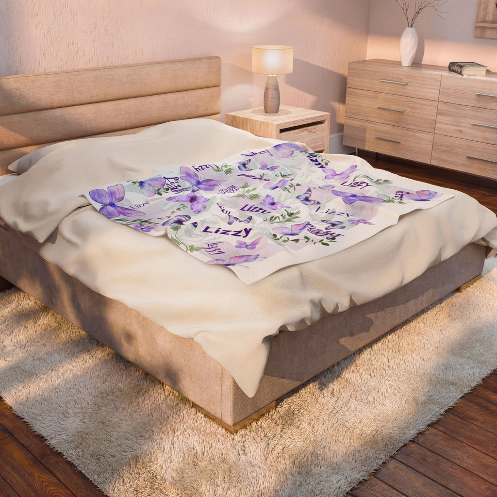 Velveteen Plush Blanket - Baby Blanket with Purple Butterflies and Lush Greenery, Soft Blanket for Nursery, Kids Bedroom Decor, Newborn